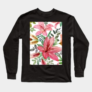 Transparent Lilly flowers and leaves watercolor seamless pattern. Translucent Summer tropical bouquets. Spring blossom garden Long Sleeve T-Shirt